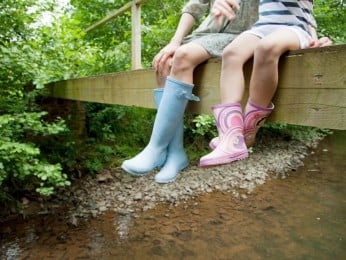 Children sitting on bridge wearing wellies