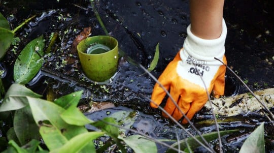 Environment cleanup rubber glove in river or pond